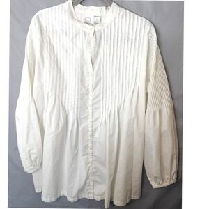 Romans White Pintuck Tunic Blouse L Plus Size Pleated Button Down Long Sleeve